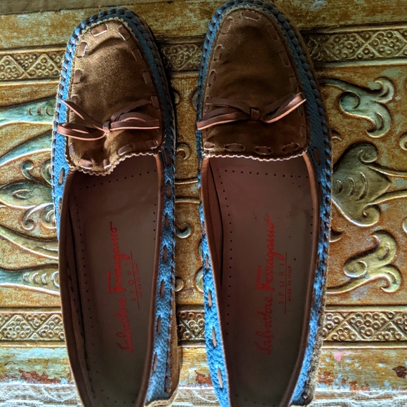 Salvatore Ferragamo Vintage Suede Moccasin Loafers Brown Blue Size 8 - Picture 10 of 11